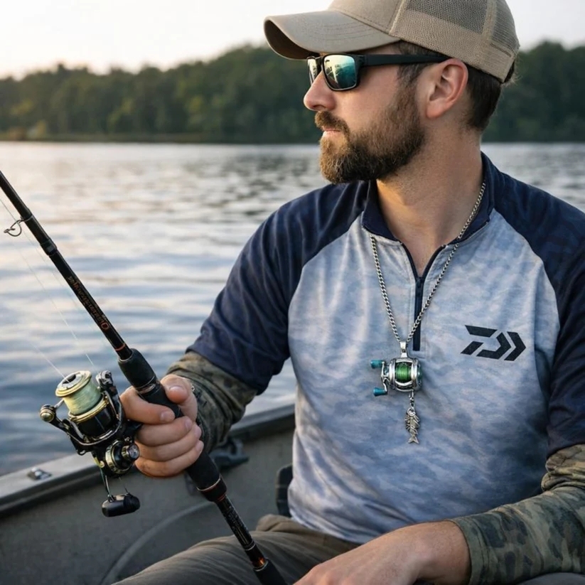 Fishing Reel Necklace for Men Stainless Steel Angler Pendant Fishing Lover Gift