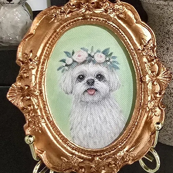 Mini Pet Portrait with Gold Baroque Frame Custom Pet Painting from Photo Custom Mini Pet Portrait
