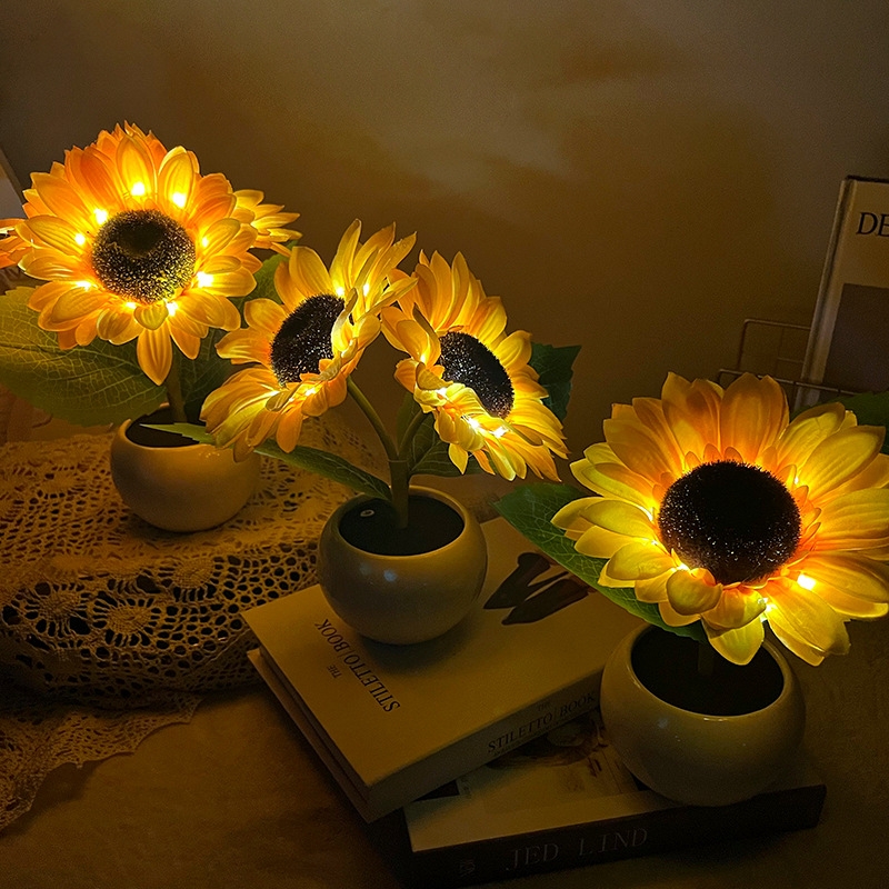 LED Sunflower Night Light Realistic Bouquet Mood Lamp Touch Cozy Bedside Decor