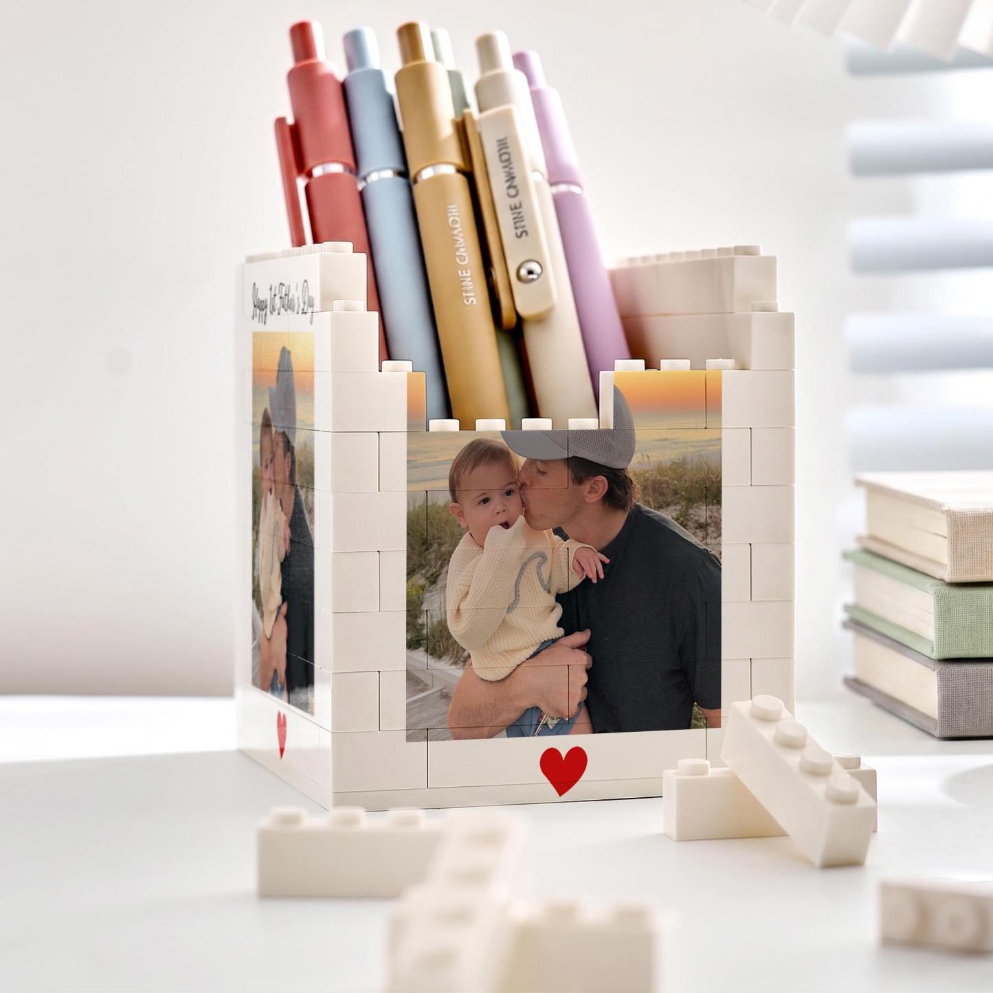 Personalized Dad And Kids Photo Building Block Pen Holder Custom Daddy Puzzle Block Desk Organizer Father’s Day Gift for Dad