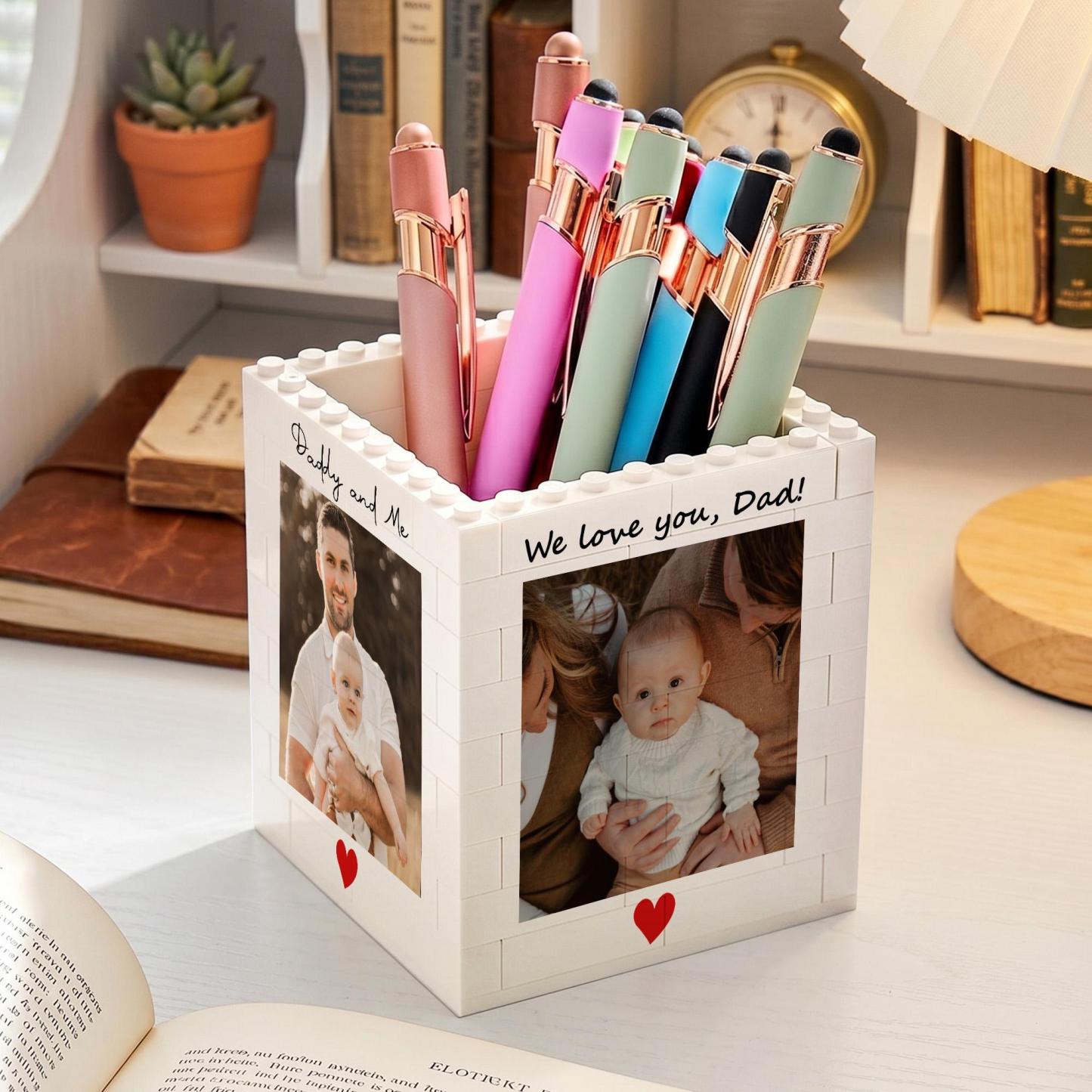 Personalized Dad And Kids Photo Building Block Pen Holder Custom Daddy Puzzle Block Desk Organizer Father’s Day Gift for Dad