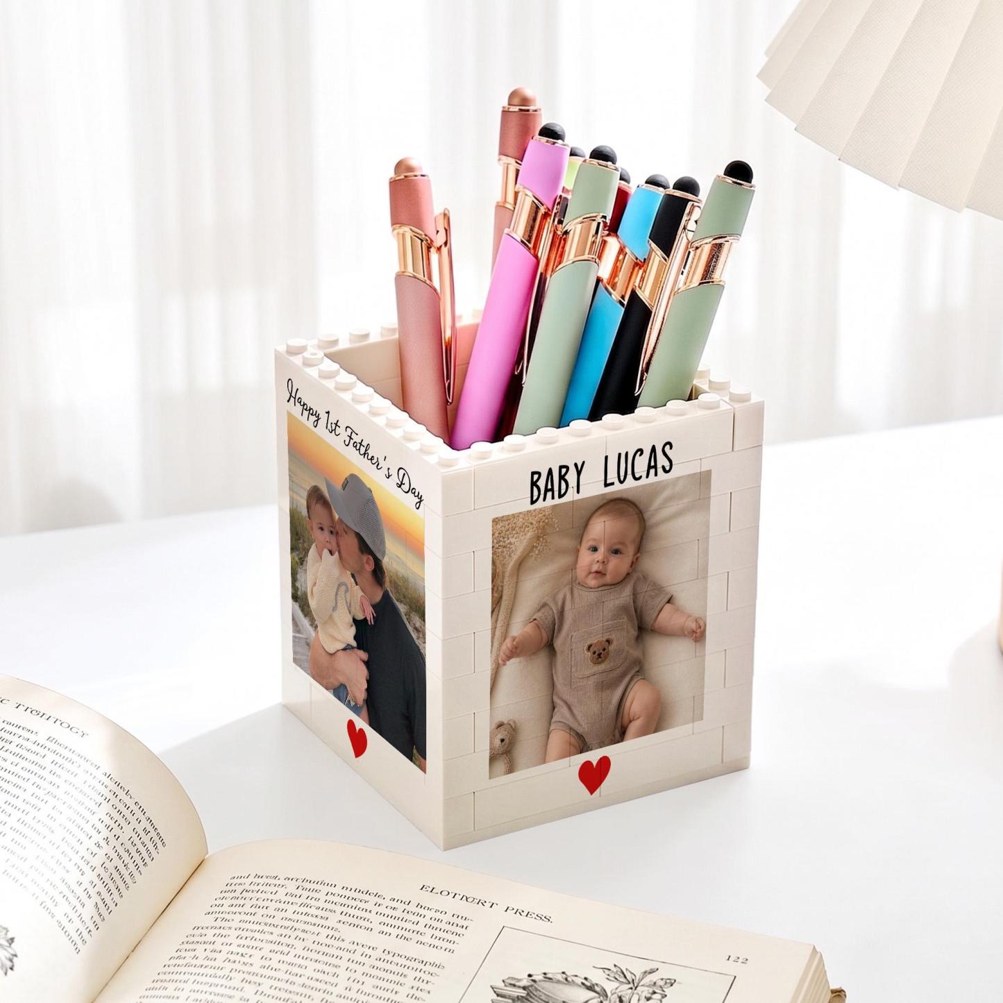 Personalized Dad And Kids Photo Building Block Pen Holder Custom Daddy Puzzle Block Desk Organizer Father’s Day Gift for Dad