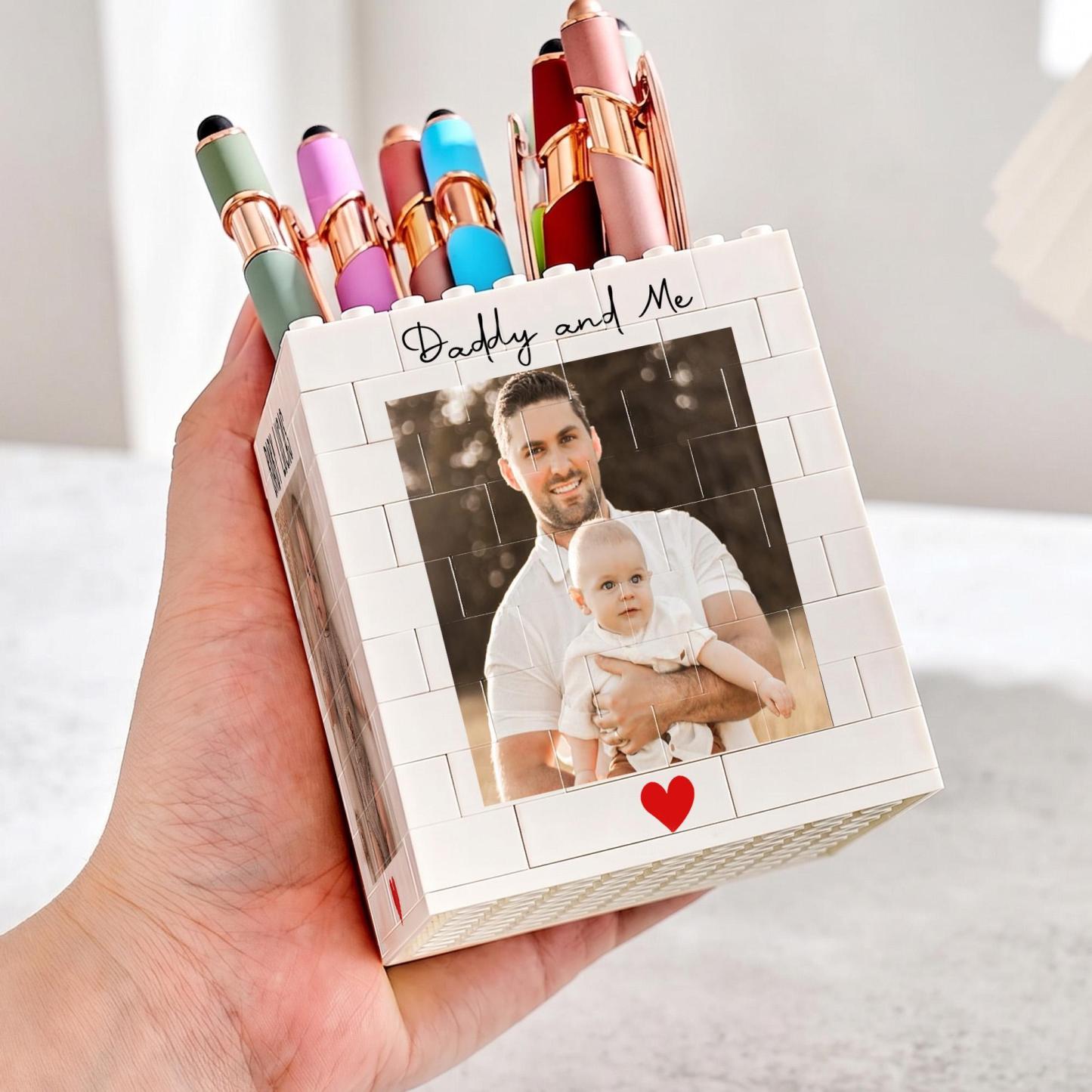Personalized Dad And Kids Photo Building Block Pen Holder Custom Daddy Puzzle Block Desk Organizer Father’s Day Gift for Dad