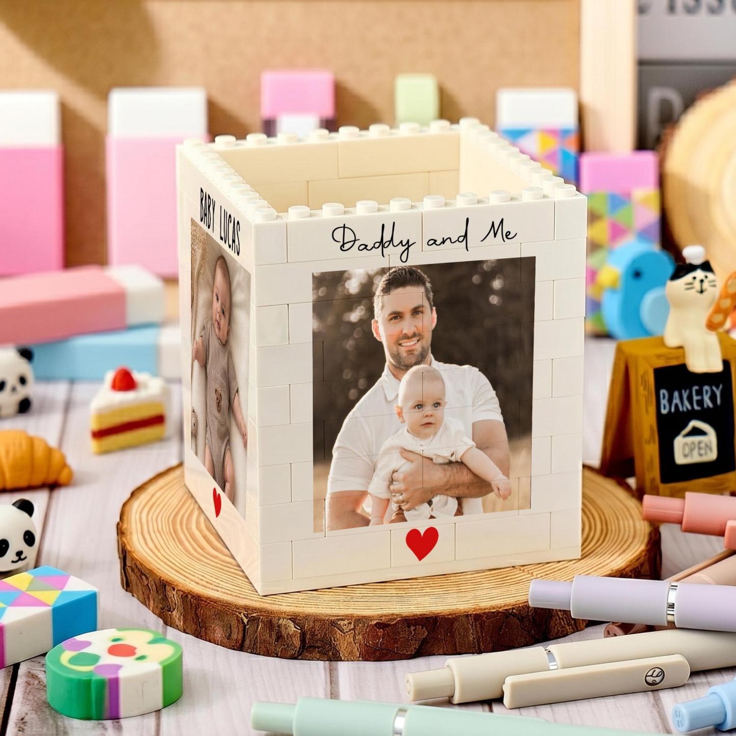 Personalized Dad And Kids Photo Building Block Pen Holder Custom Daddy Puzzle Block Desk Organizer Father’s Day Gift for Dad