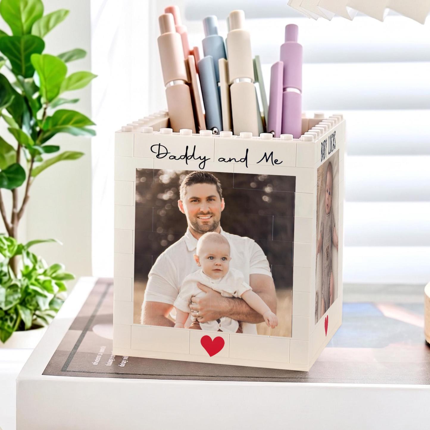 Personalized Dad And Kids Photo Building Block Pen Holder Custom Daddy Puzzle Block Desk Organizer Father’s Day Gift for Dad