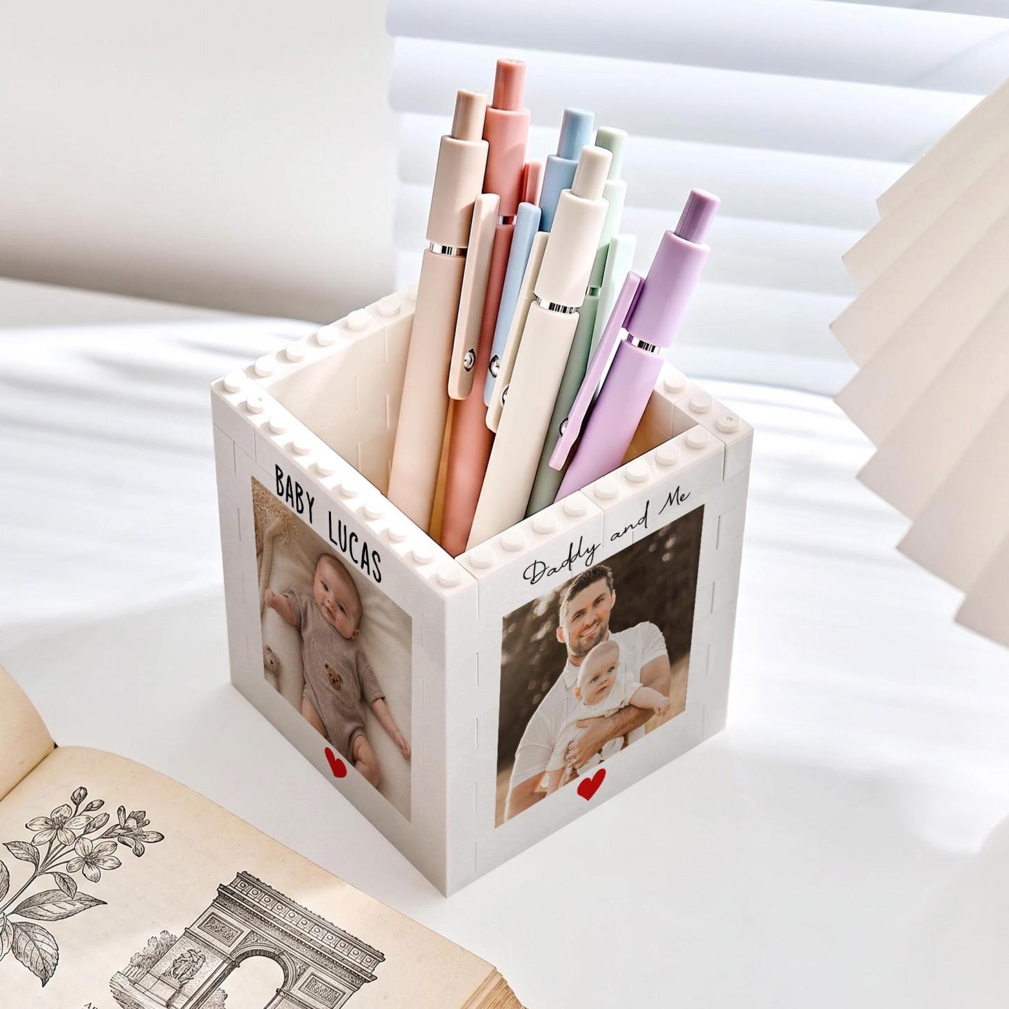 Personalized Dad And Kids Photo Building Block Pen Holder Custom Daddy Puzzle Block Desk Organizer Father’s Day Gift for Dad