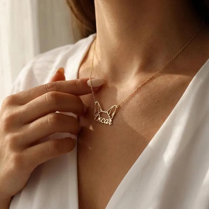 Custom Dog Name Necklace, Personalized Pet Ears Necklace with Engraved Name, Custom Pet Jewelry, Dog Lover Gift, Pet Memorial Gift for Her