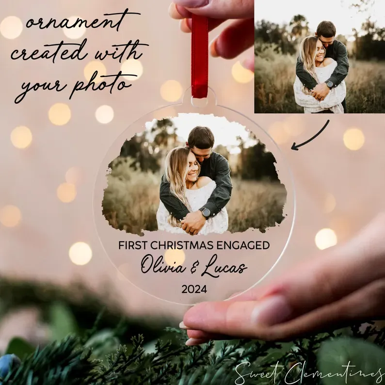 Personalized Our First Christmas Engaged Ornament, Custom Photo Ornament, Christmas Gift for Couple, Engagement Gifts, Christmas Ornaments