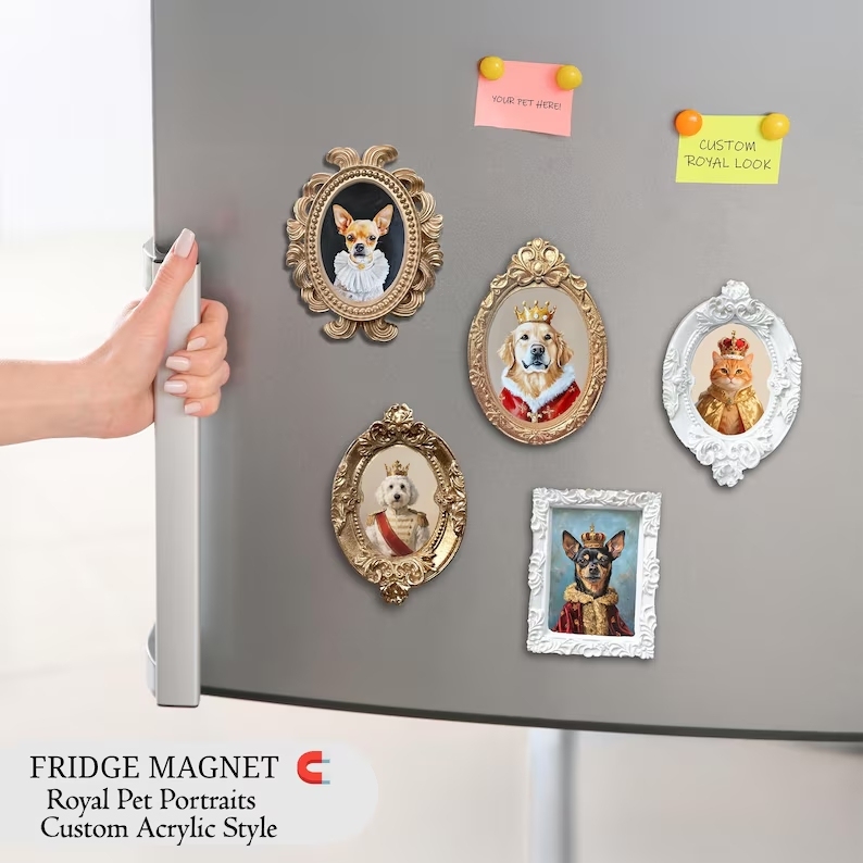 Personalized Pet Portrait Fridge Magnet Custom Mini Pet Portrait Fridge Magnet Gold Baroque Frame Acrylic Magnet