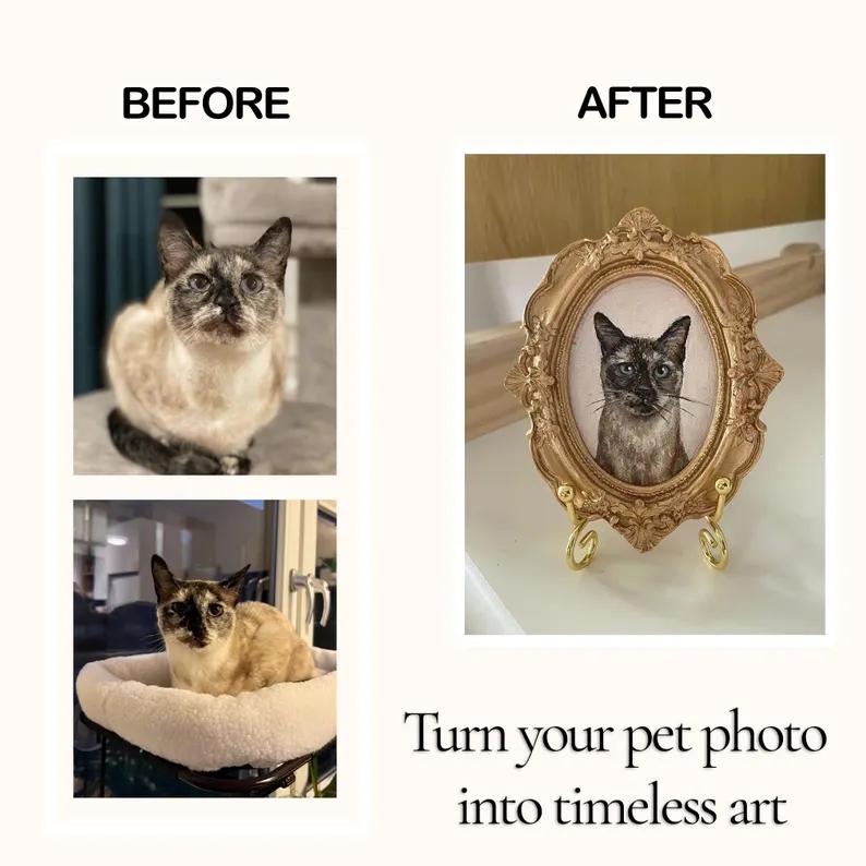 Mini Pet Portrait with Gold Baroque Frame Custom Pet Painting from Photo Custom Mini Pet Portrait