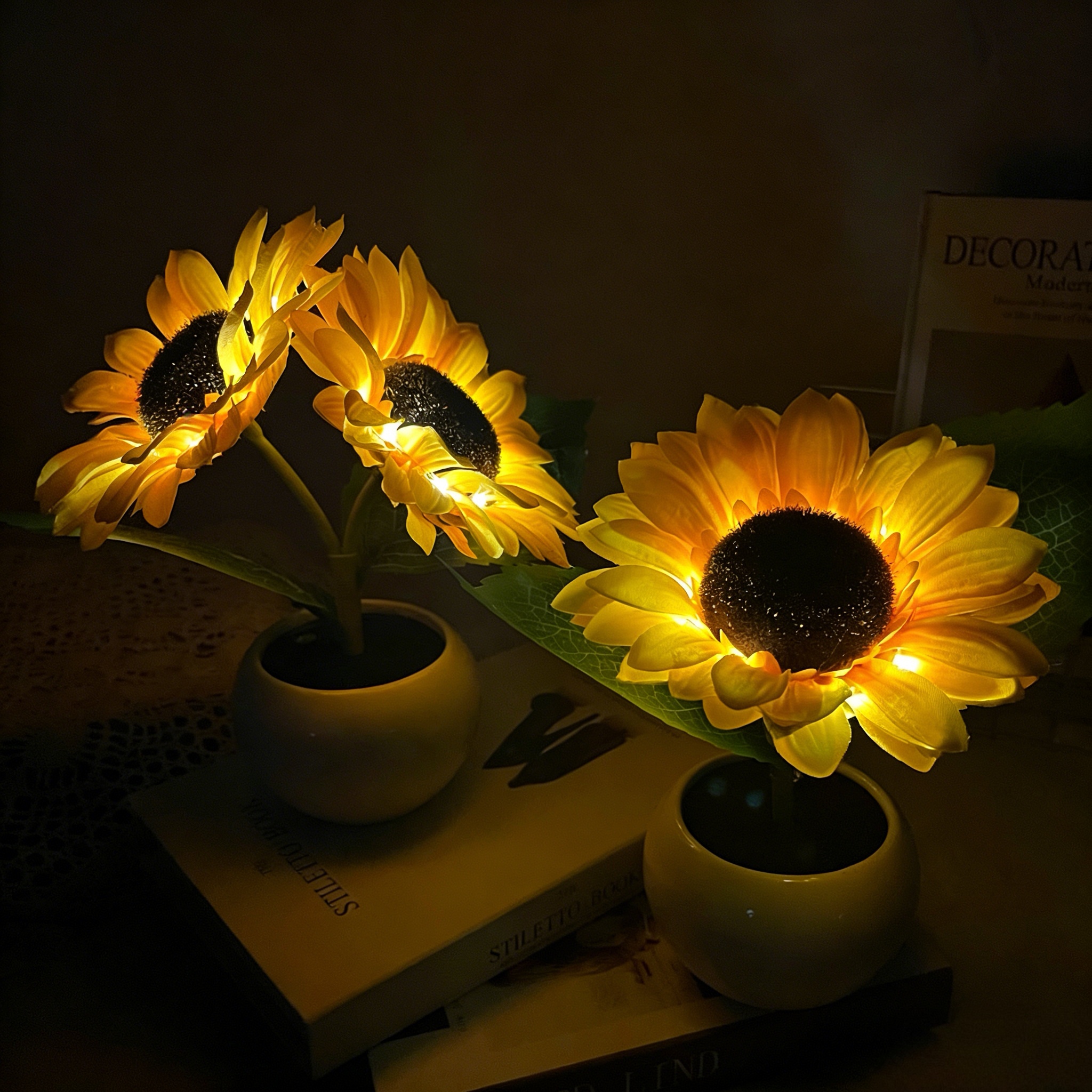 LED Sunflower Night Light Realistic Bouquet Mood Lamp Touch Cozy Bedside Decor