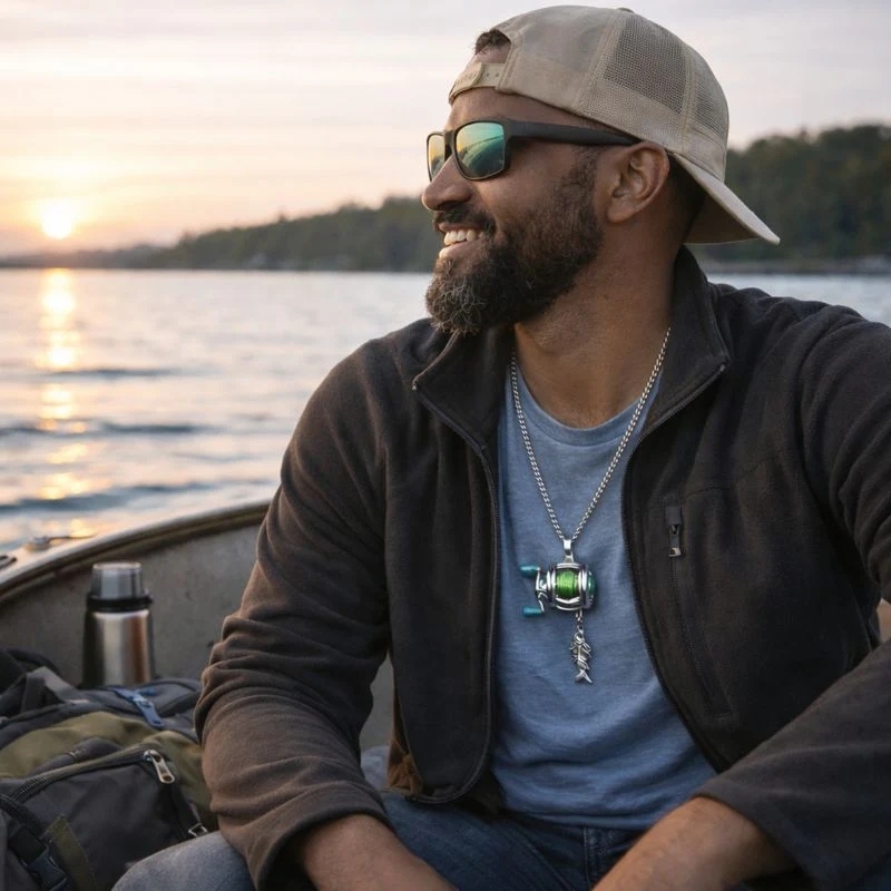 Fishing Reel Necklace for Men Stainless Steel Angler Pendant Fishing Lover Gift