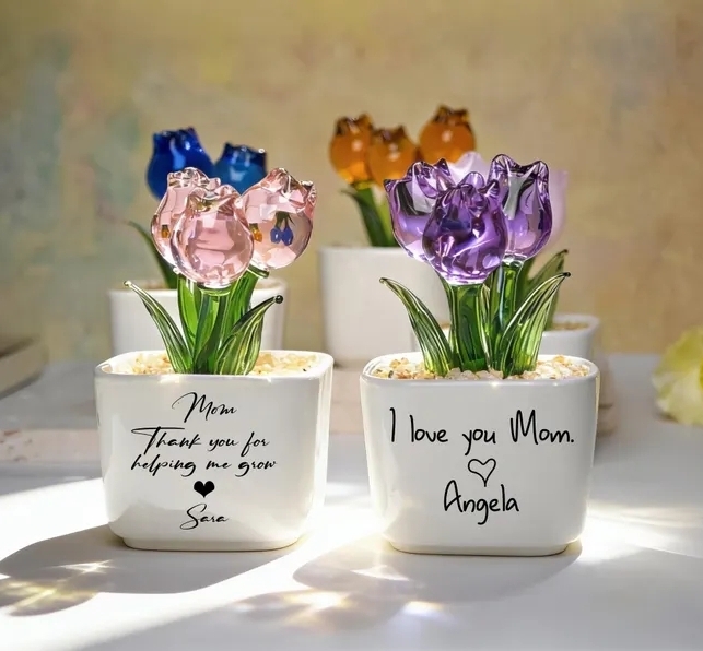 Personalized Glass Everlasting Tulips Custom Hand Blown Glass Flower Pot Mother's Day Gift for Mom