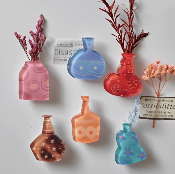 Cute Mini Acrylic Vase Magnets for Fridge Funny Small Plant Magnets for Refrigerator Decoration Kitchen Locker Kitchen Office