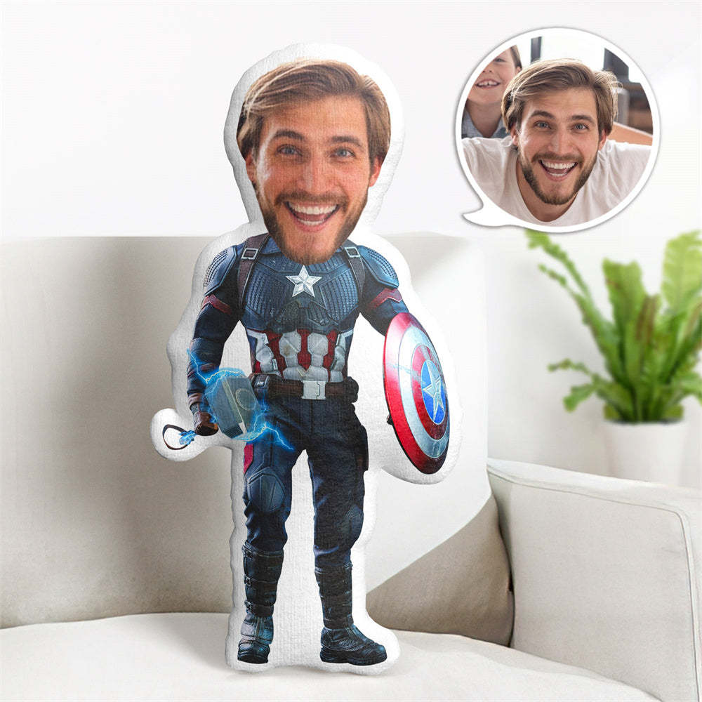 Father's Day Gifts Cusotm Face Pillow Superhero Doll Personalzied Captain America with Thor's Hammer MiniMe Pillow Gifts for Him - Yourphotoblanket