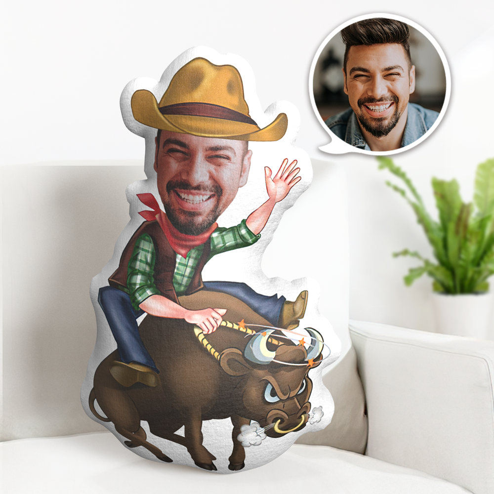 Custom Face Pillow Personalized Face Doll Cowboy Riding Bull Doll MiniMe Pillow Gifts for Him - Yourphotoblanket