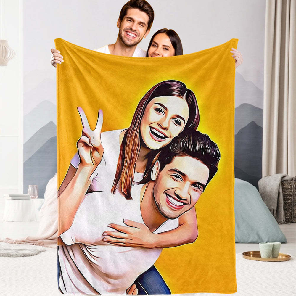 Custom Couple Photo Painted Art Portrait Fleece Throw Blanket Best Gift for Her