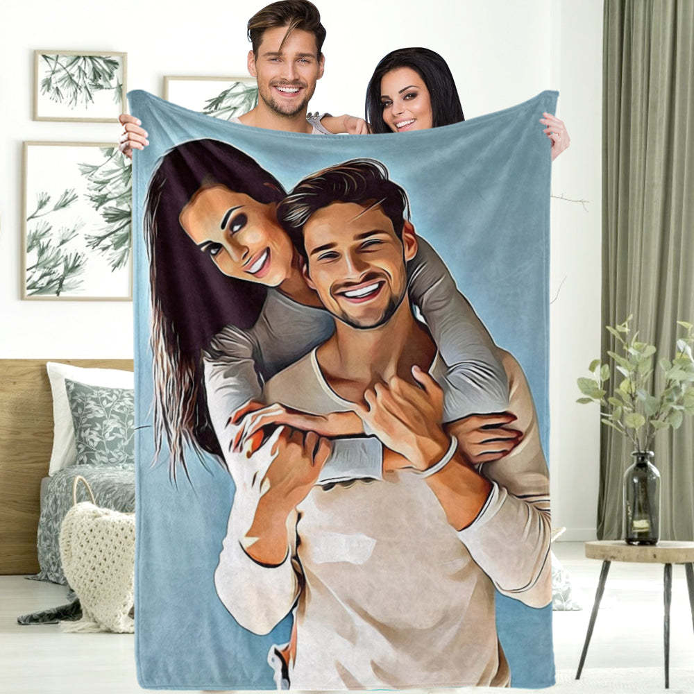 Custom Couple Photo Painted Art Portrait Fleece Throw Blanket Best Gift for Him