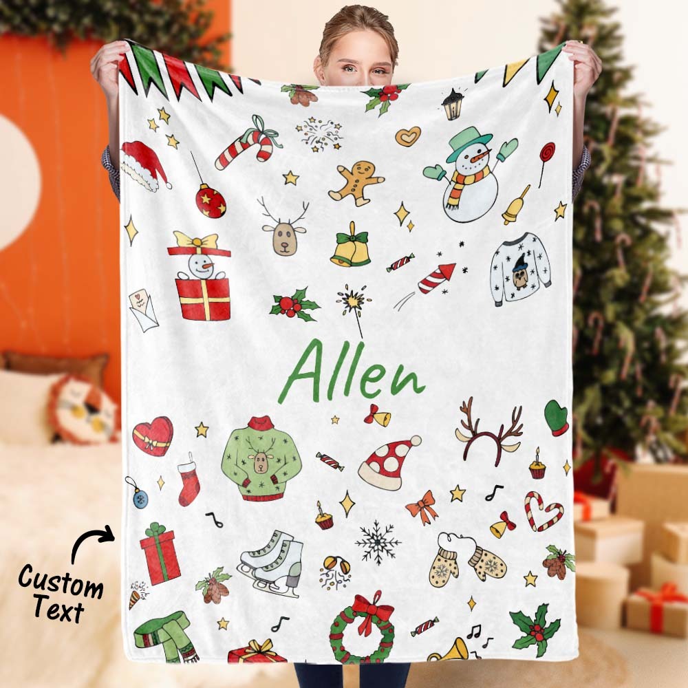 Custom Text Cute Christmas Icons Blanket Unique Gift For Kids - Yourphotoblanket