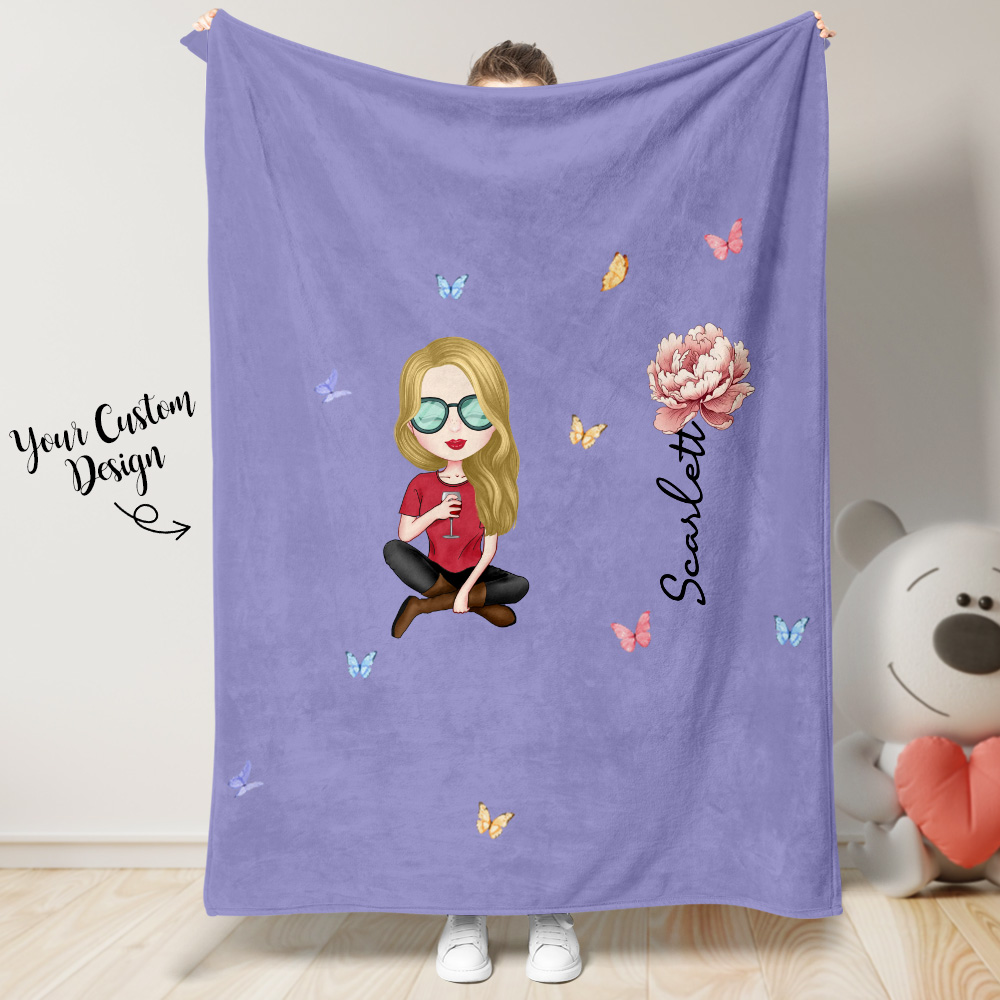 Personalized Cute Cartoon Character Heart Birth Flower Soft Throw Blanket with Name Birthday Christmas Gift