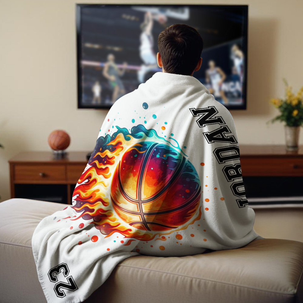 Personalized Flaming Basketball Football Sports Ball Design Soft Throw Blanket with Name and Number Birthday Match Day Gift for Team Ball Games Lovers