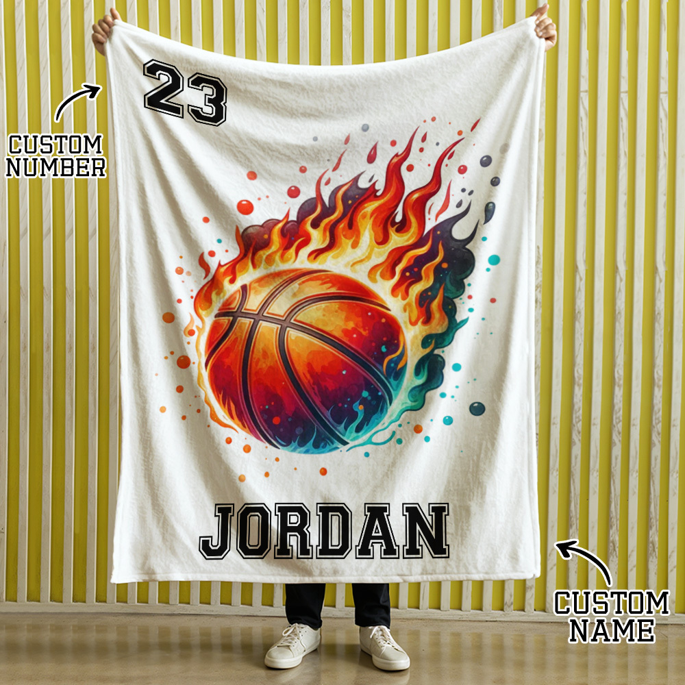 Personalized Flaming Basketball Football Sports Ball Design Soft Throw Blanket with Name and Number Birthday Match Day Gift for Team Ball Games Lovers - yourphotoblanketuk