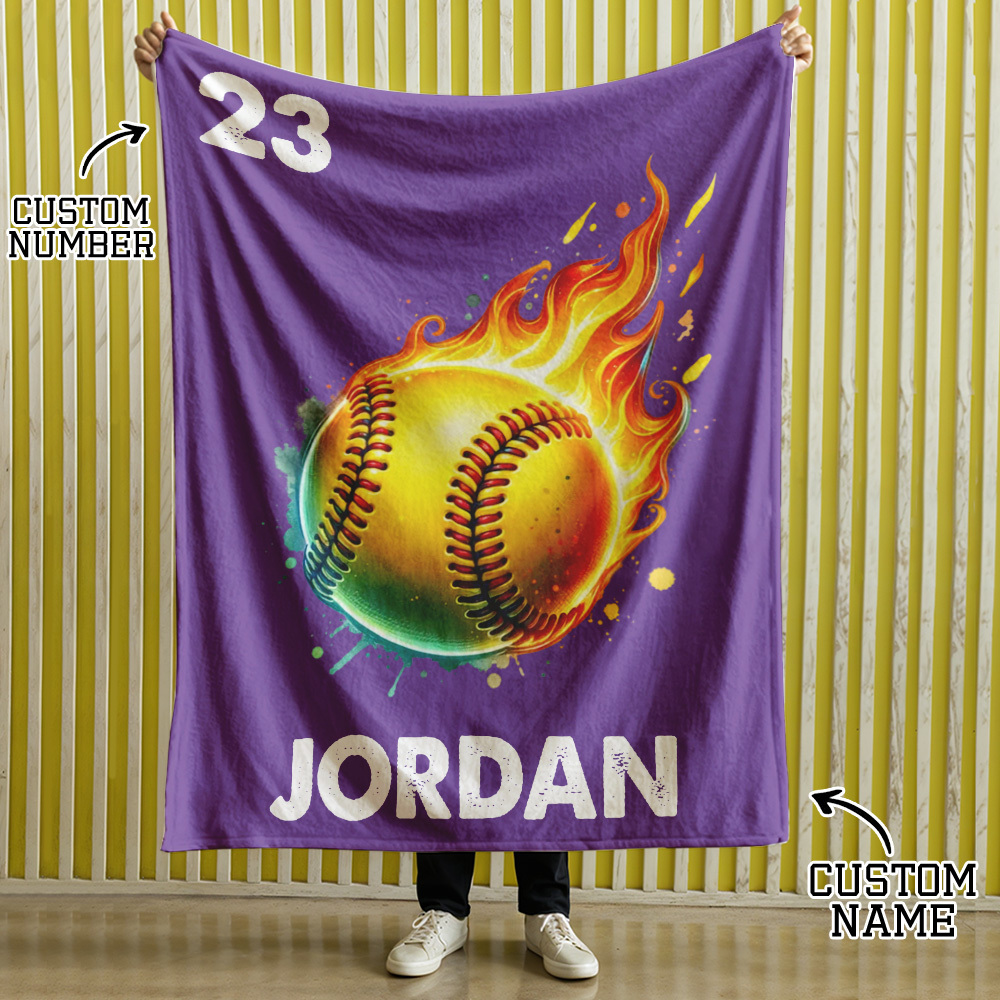 Personalized Flaming Basketball Football Sports Ball Design Soft Throw Blanket with Name and Number Birthday Match Day Gift for Team Ball Games Lovers - yourphotoblanketuk