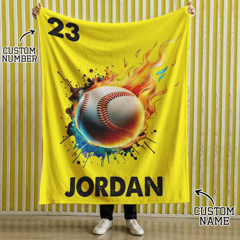 Personalized Flaming Basketball Football Sports Ball Design Soft Throw Blanket with Name and Number Birthday Match Day Gift for Team Ball Games Lovers - yourphotoblanketuk