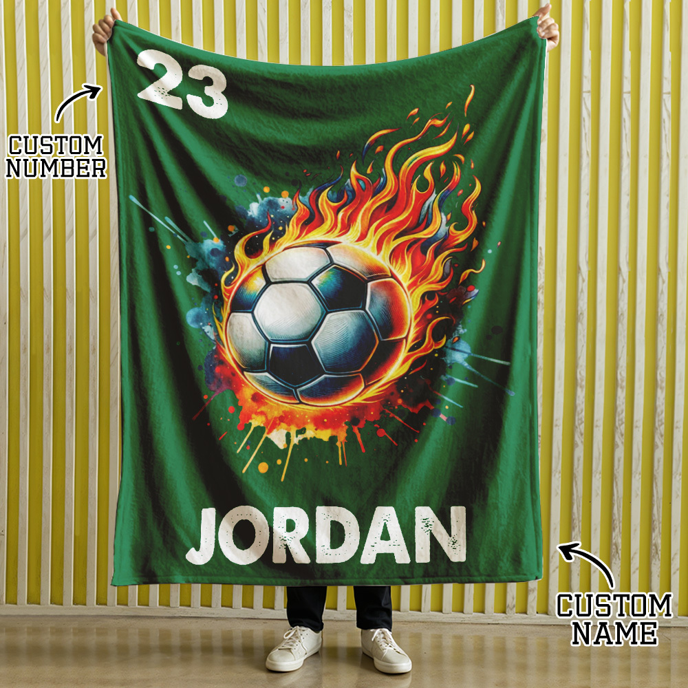 Personalized Flaming Basketball Football Sports Ball Design Soft Throw Blanket with Name and Number Birthday Match Day Gift for Team Ball Games Lovers - yourphotoblanketuk