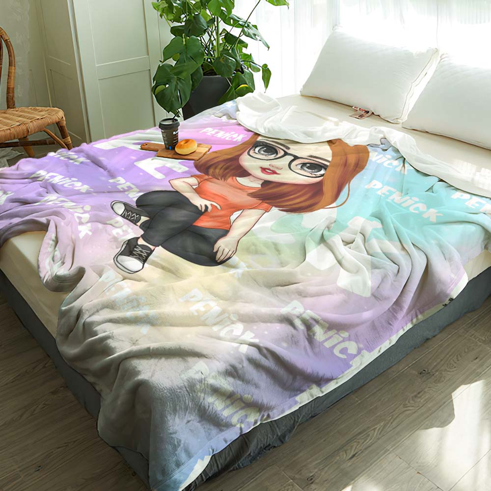 Personalized Gradient Color Cartoon Character Name Soft Throw Blanket Birthday Christmas Gift for Kids and Adults