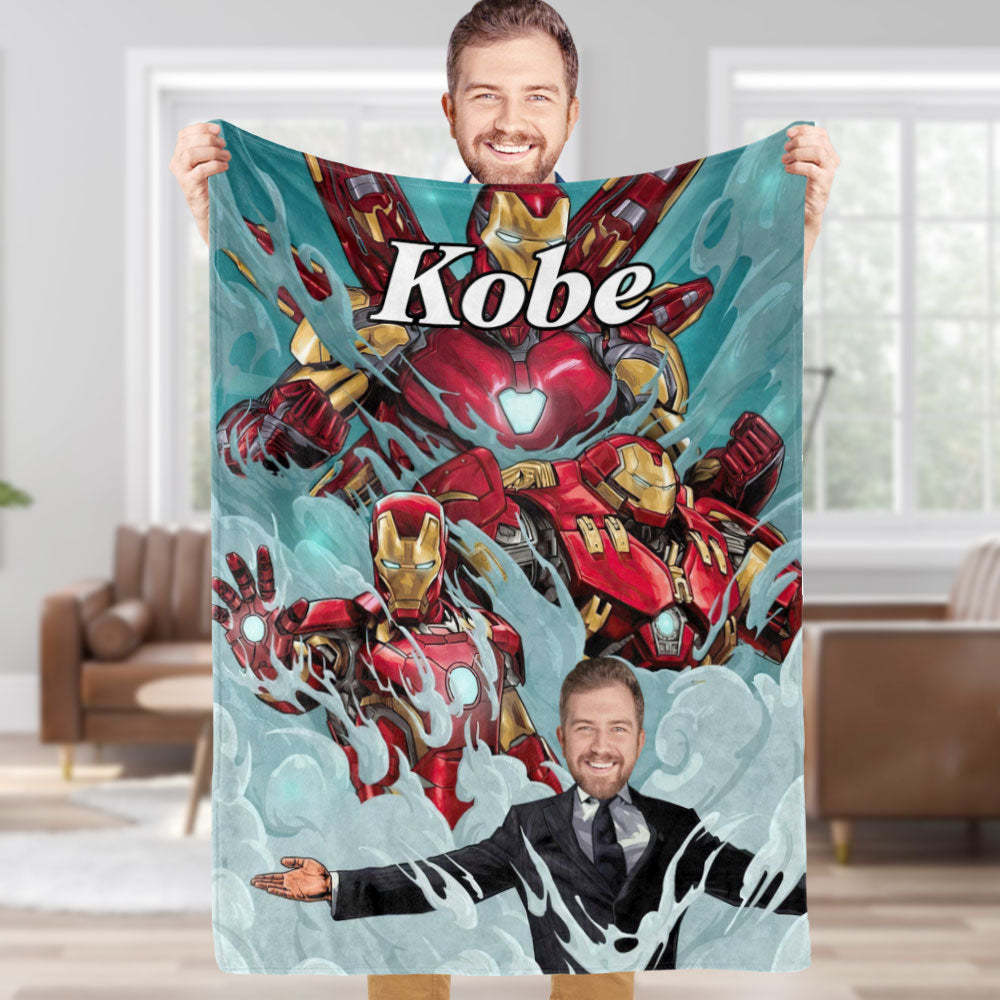 Custom Face Blanket Personalized Photo and Text Doppelganger Iron Man Blanket Minime Blanket Best Gift For Him - Yourphotoblanket