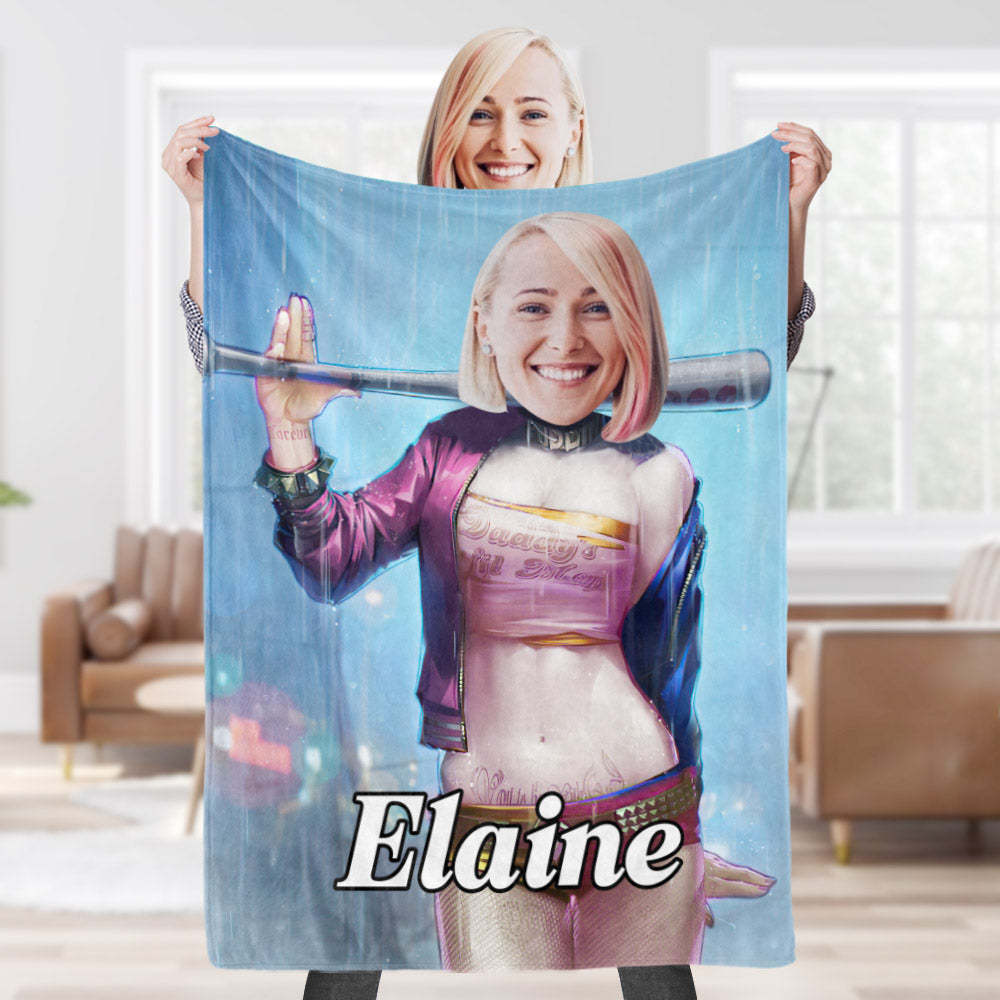 Custom Face Blanket Personalized Photo and Text Real Harley Quinn Blanket Minime Blanket Best Gift For Him - Yourphotoblanket