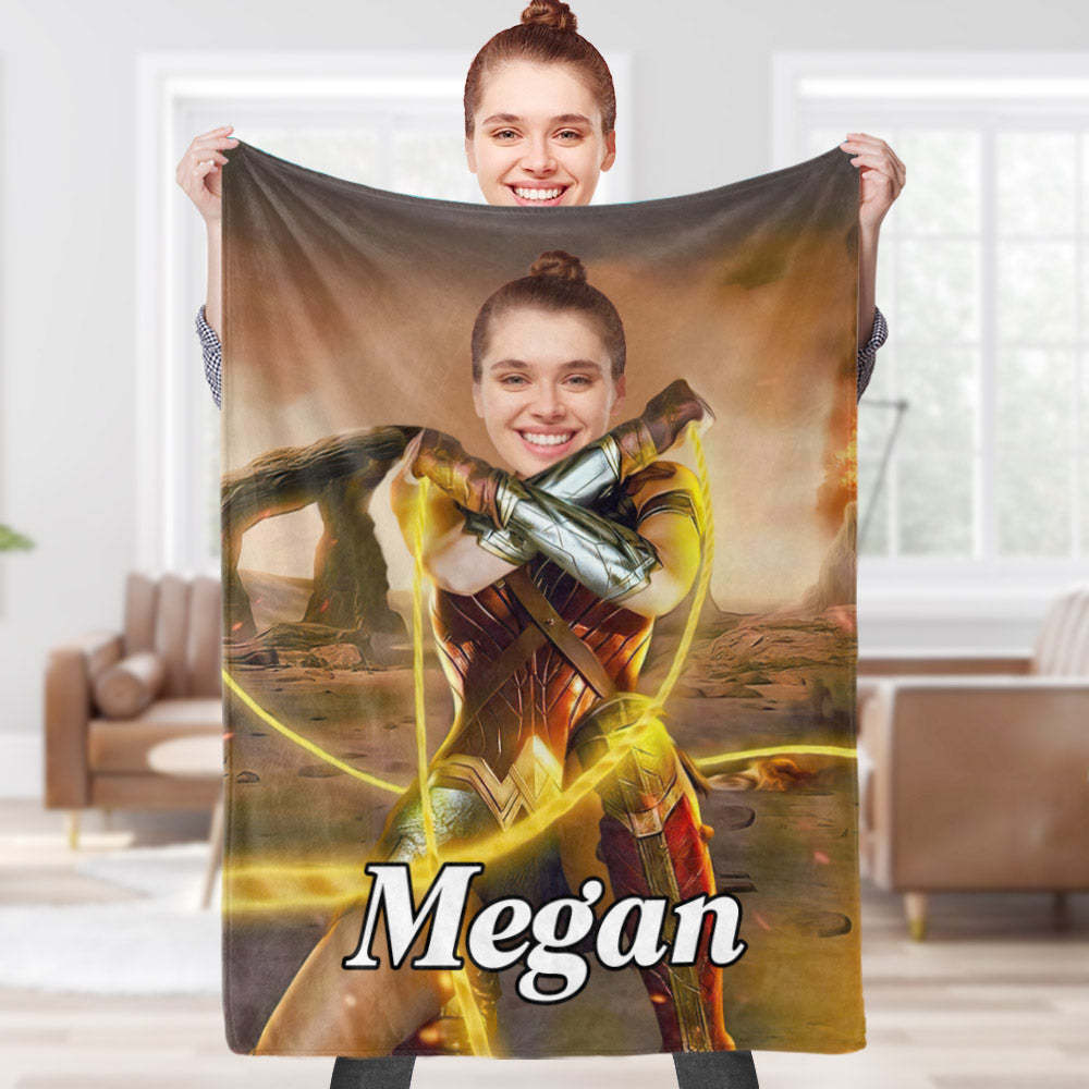 Custom Face Blanket Personalized Photo and Text Invincible Wonder Woman Blanket Minime Blanket Best Gift For Him - Yourphotoblanket