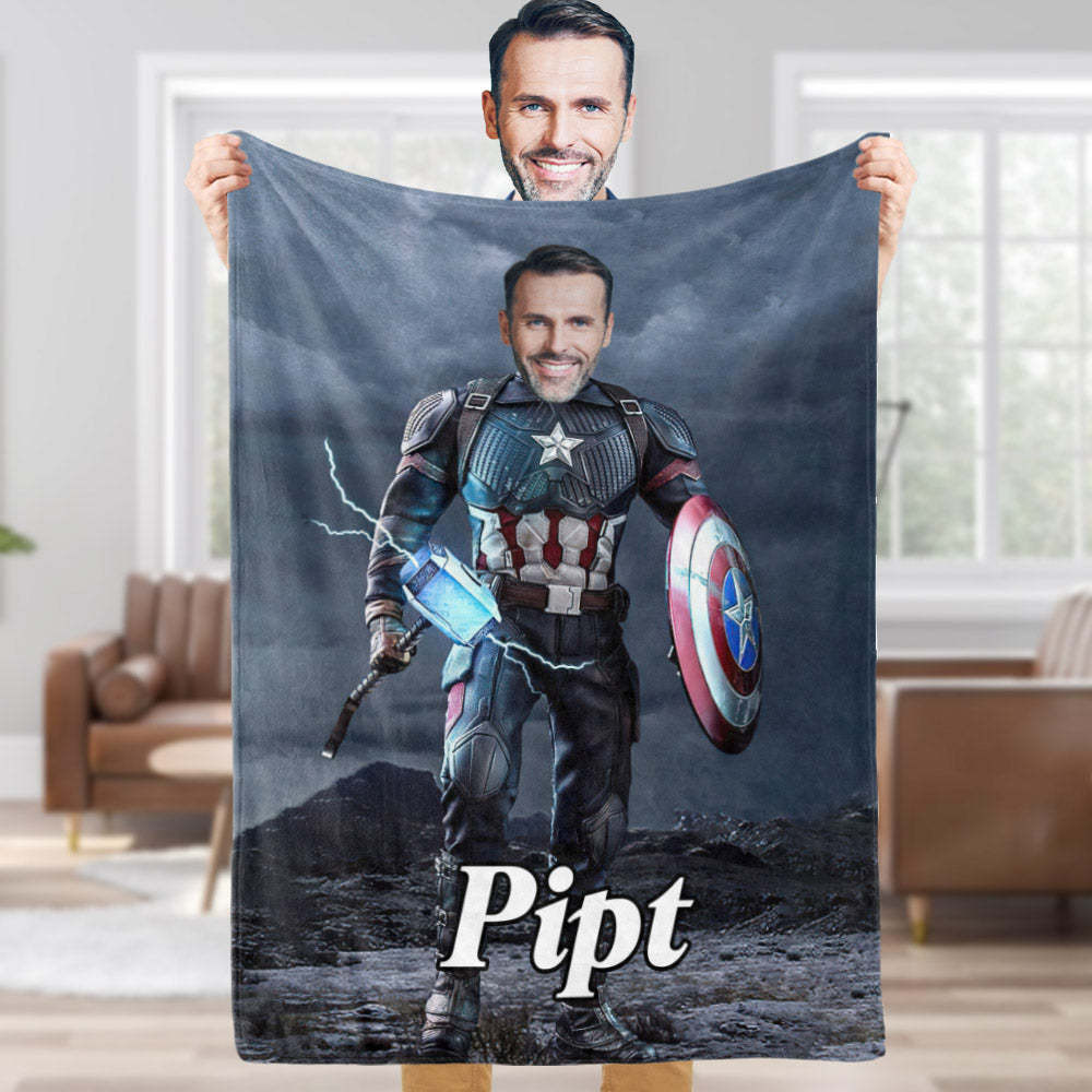 Custom Face Blanket Personalized Photo and Text Hammer Captain America Blanket Minime Blanket Best Gift For Him - Yourphotoblanket