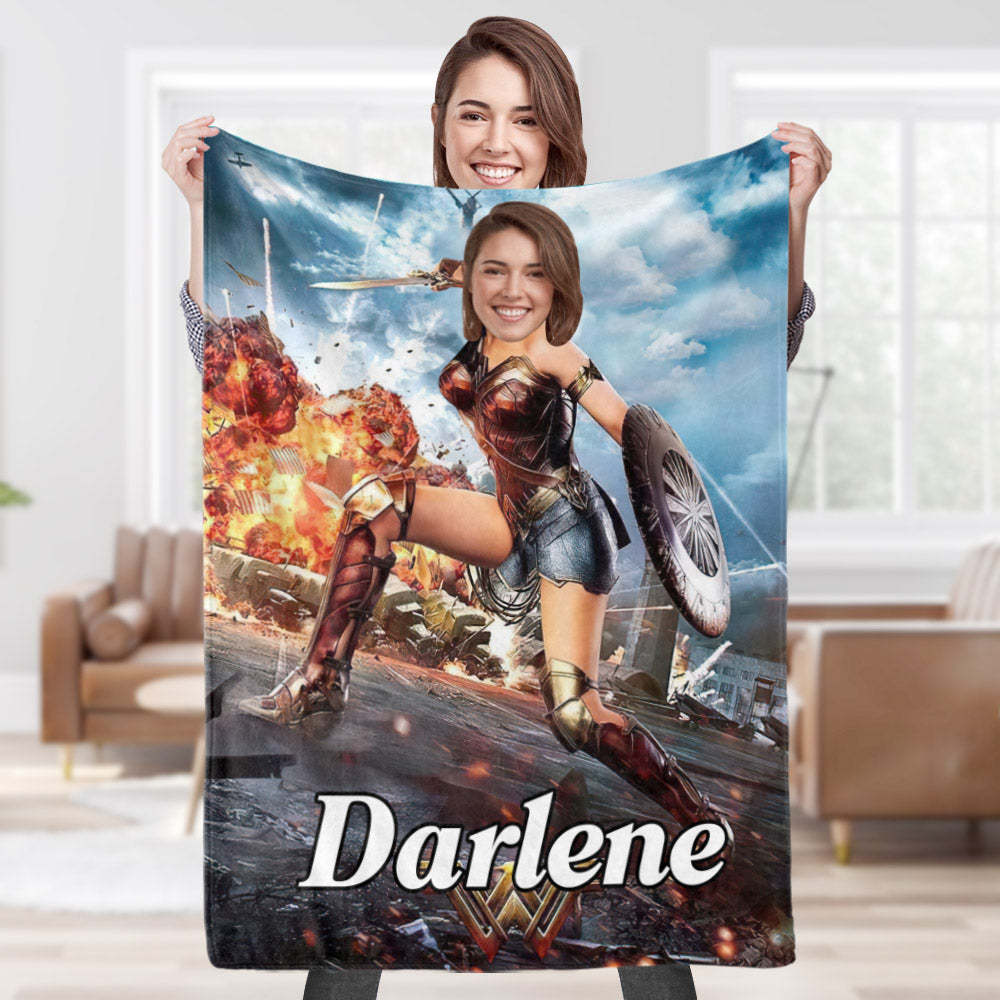 Custom Face Blanket Personalized Photo and Text Super Soldier Wonder Woman Blanket Minime Blanket Best Gift For Him - Yourphotoblanket