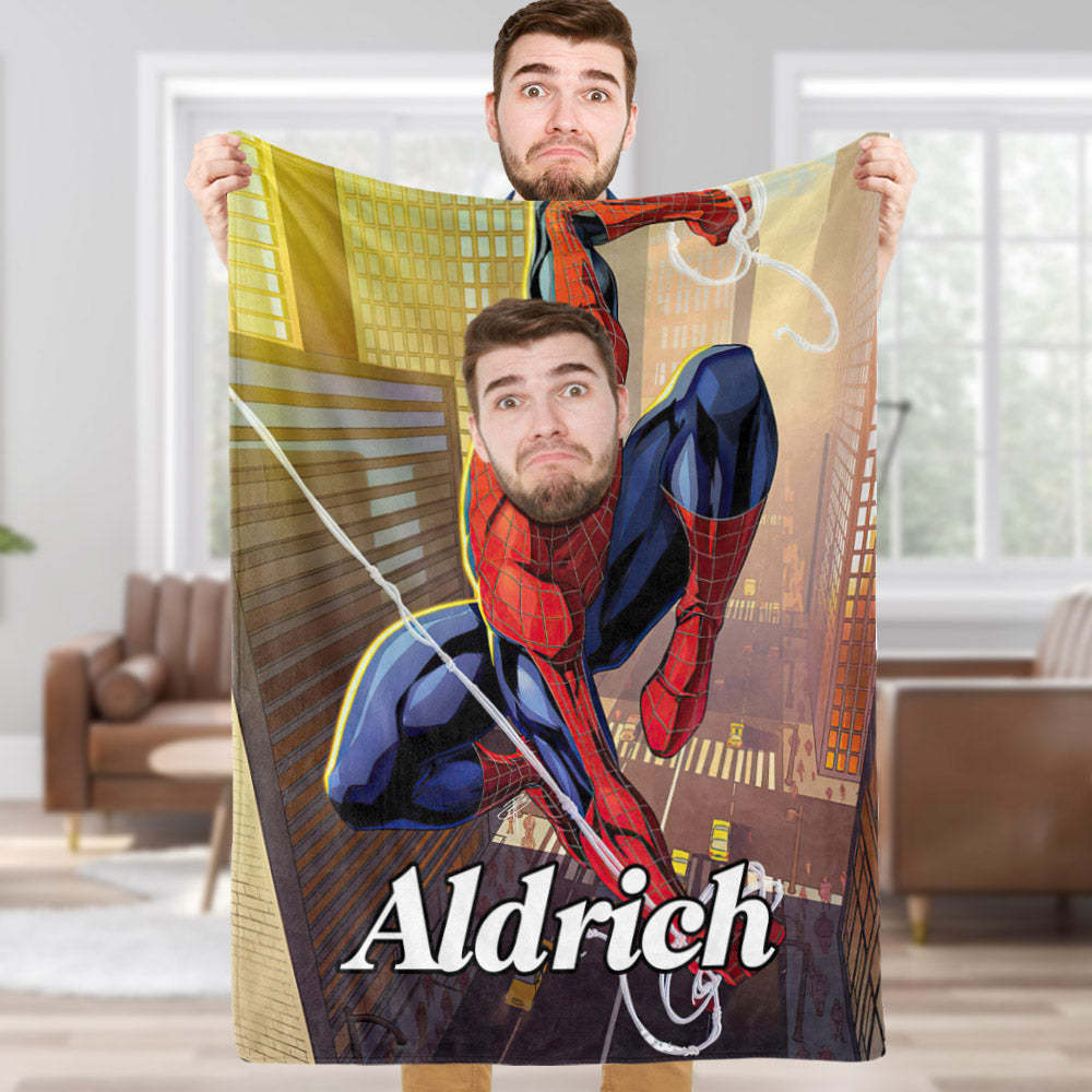 Custom Face Blanket Personalized Photo and Text Arachnid Flying Spider-Man Blanket Minime Blanket Best Gift For Him - Yourphotoblanket