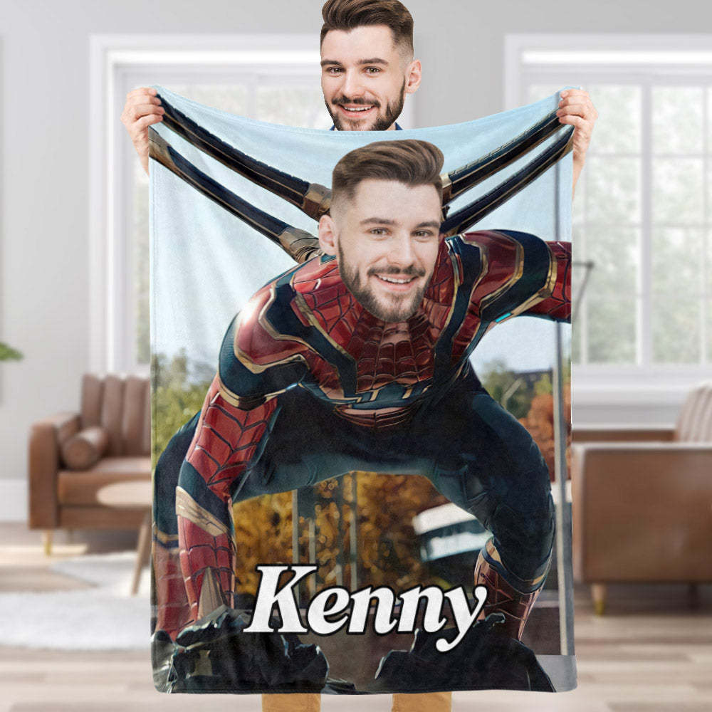 Custom Face Blanket Personalized Photo and Text Super Battle Suit Spider-Man Blanket Minime Blanket Best Gift For Him - Yourphotoblanket
