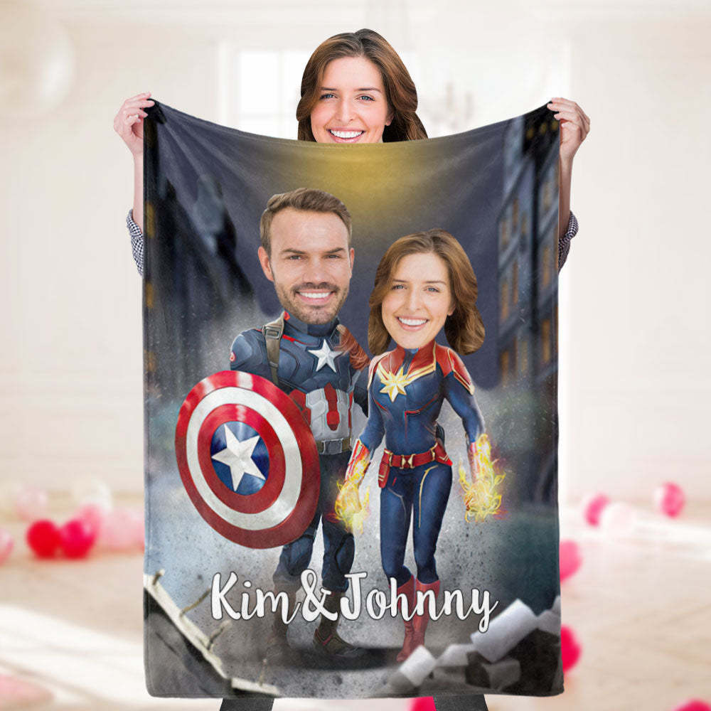 Custom Photo Blanket Personalized Couple Blanket Customized Superhero Blanket Captain America and Captain Marvel Blanket Valentine's Day Gifts - Yourphotoblanket