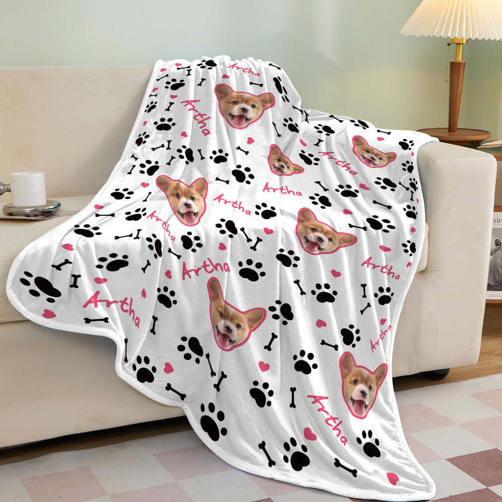 Custom Dog Face Blanket Dog Paws and Bones Spines Pink Personalized Pet Photo and Text Blanket - Yourphotoblanket