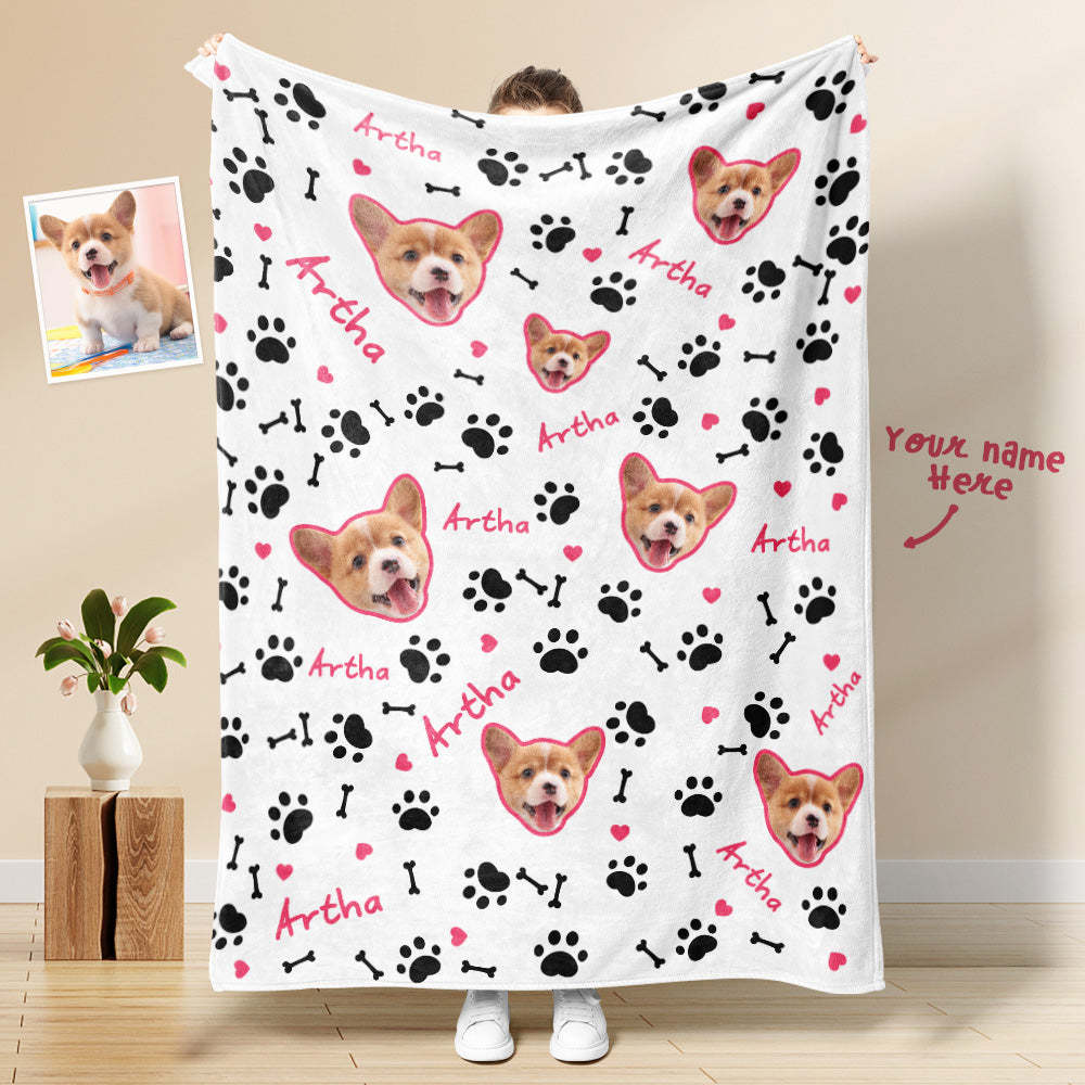 Custom Dog Face Blanket Dog Paws and Bones Spines Pink Personalized Pet Photo and Text Blanket - Yourphotoblanket