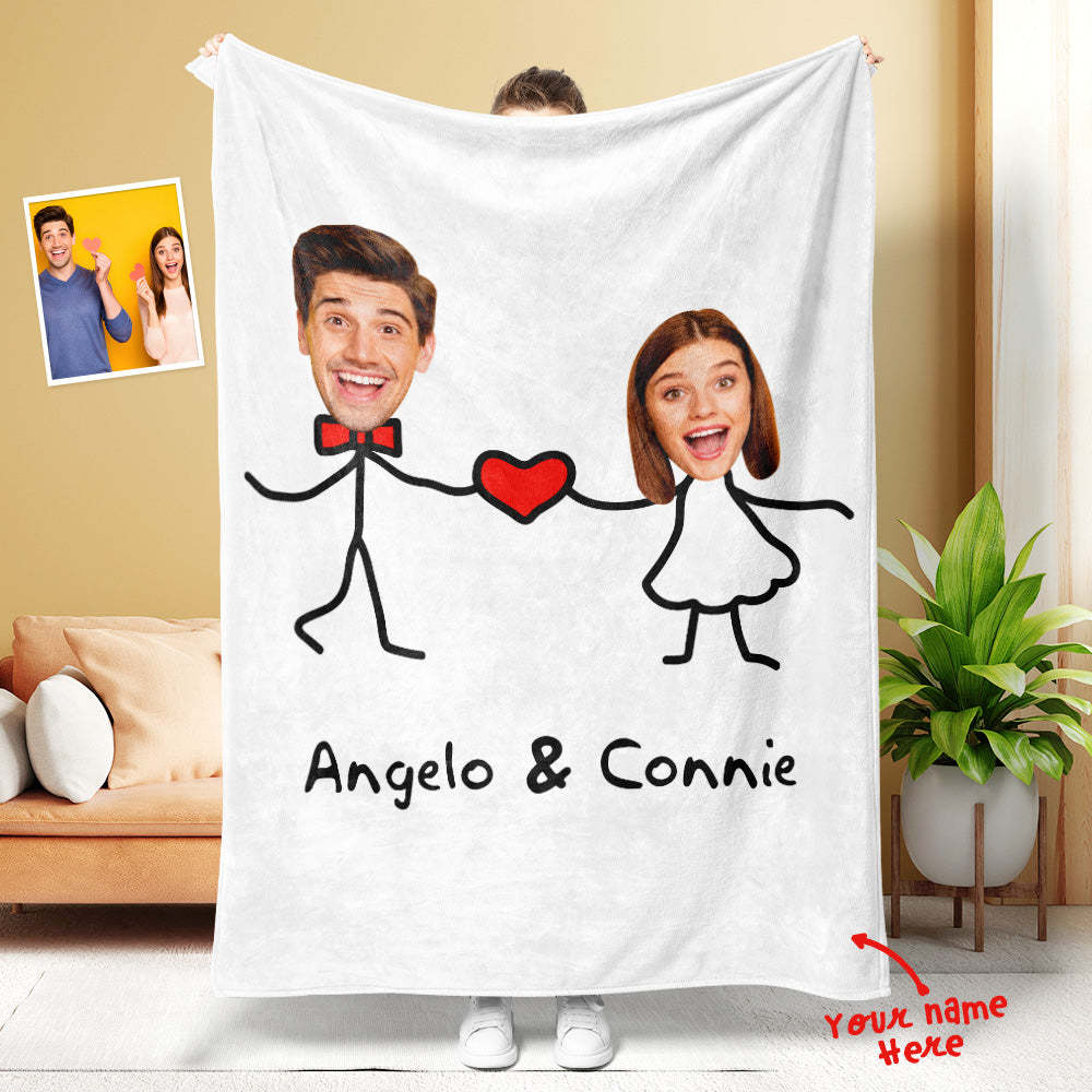 Custom Matchmaker Face Blanket Holding Hands with Love Personalized Couple Photo and Text Blanket Valentine's Day Gift - Yourphotoblanket