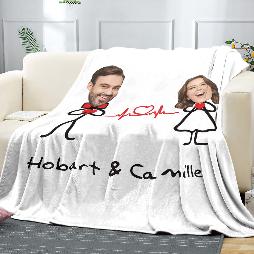 Custom Matchmaker Face Blanket ECG Love Personalized Couple Photo and Text Blanket Valentine's Day Gift - Yourphotoblanket