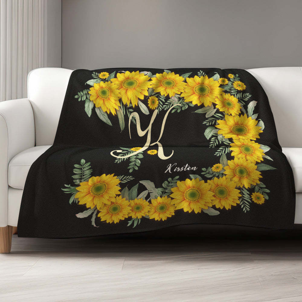 Custom Name Blanket Sunflower Black Blanket - Yourphotoblanket