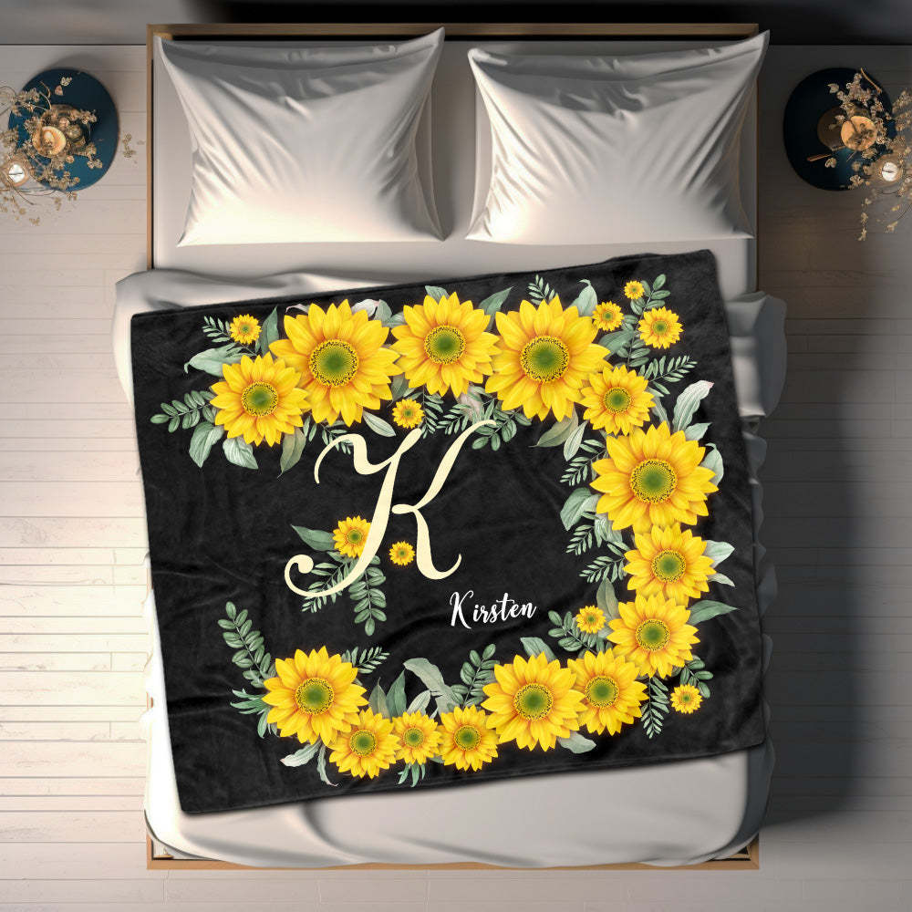 Custom Name Blanket Sunflower Black Blanket - Yourphotoblanket