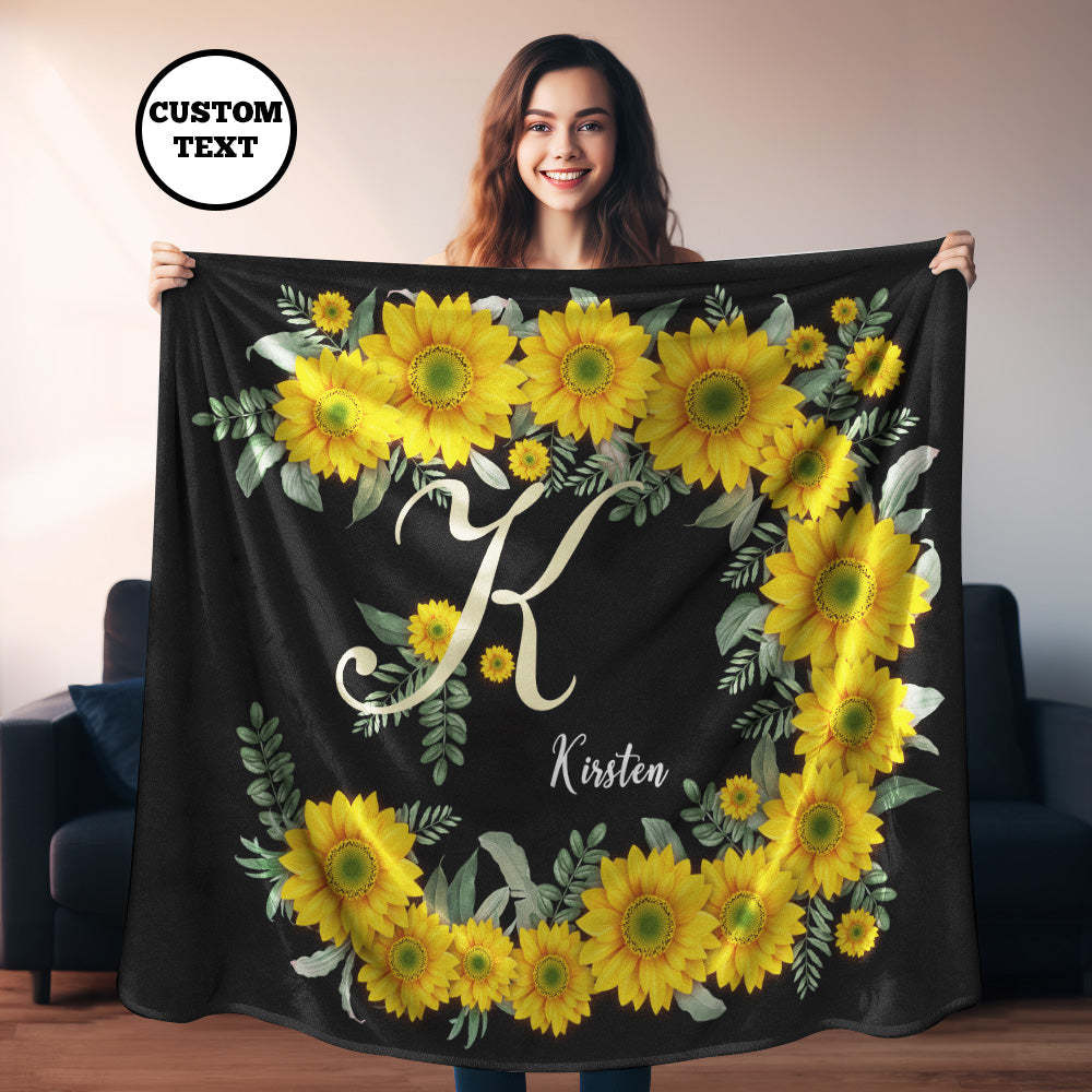 Custom Name Blanket Sunflower Black Blanket - Yourphotoblanket
