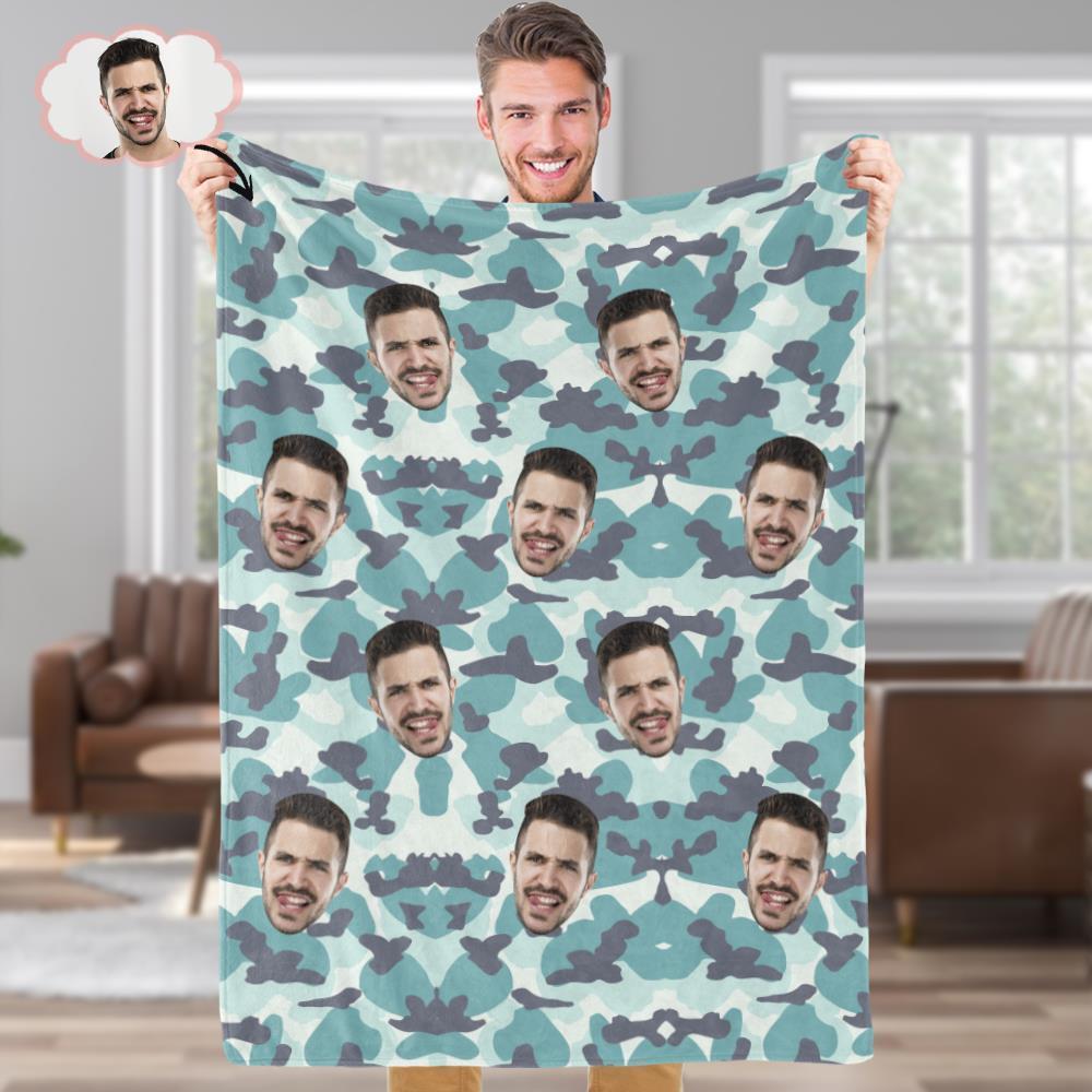 Custom My Face Photo Blanket Personalised Photo Camouflage Blankets Particular Gifts for Family- Turquoise