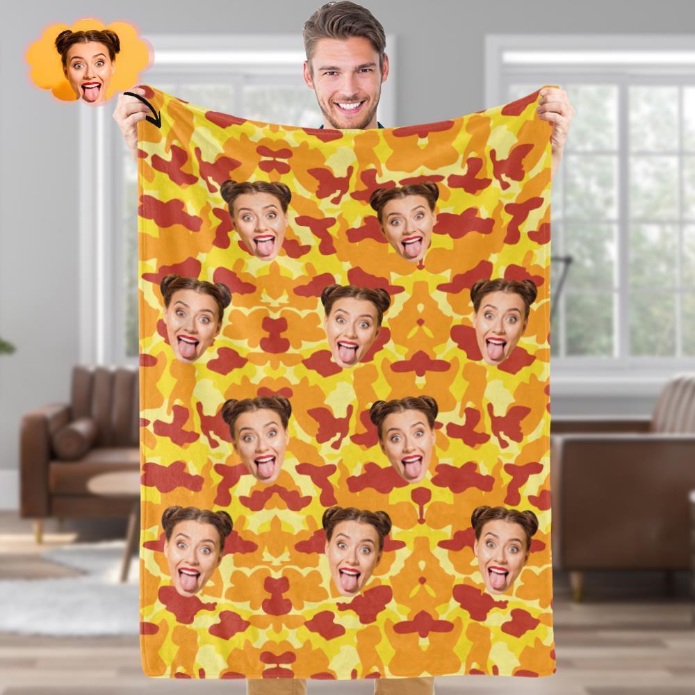Custom Blanket Personalised Photo Camouflage Blankets Fleece Face Blanket Unique Gifts For Friends- Orange