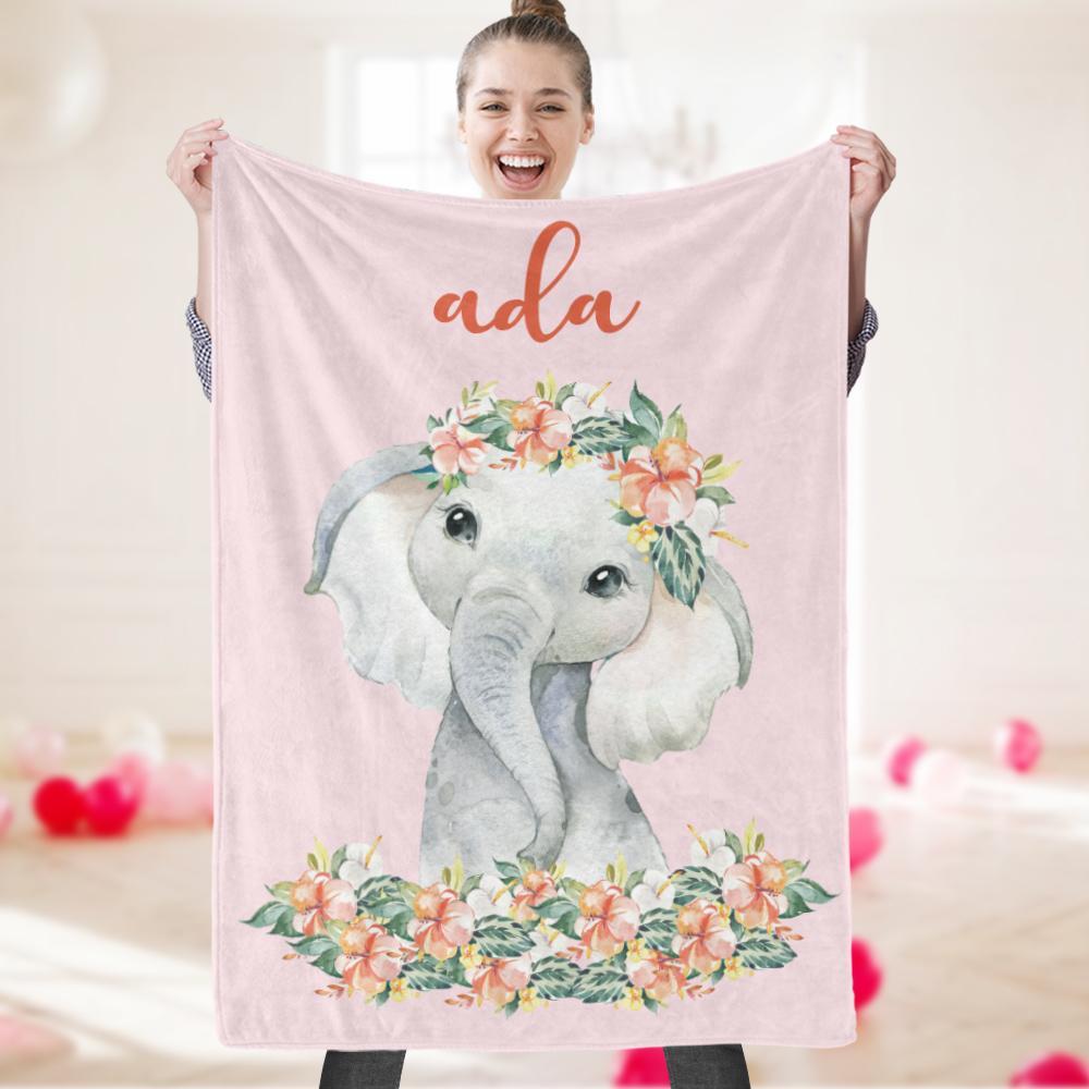 Fleece Blanket Custom Text Name blanket Pink Elephant Blanket Warm and Cozy Blankets Unique Gifts for Little Girl