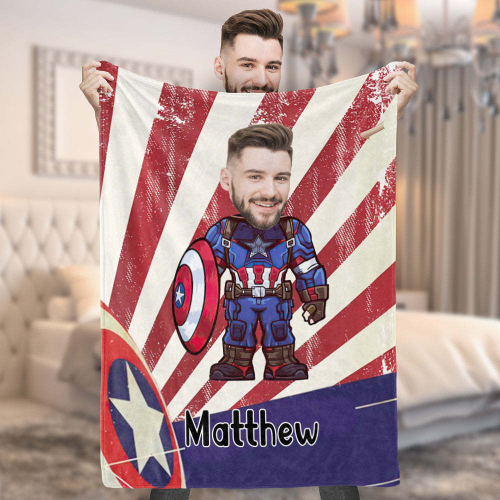 Custom Face Photo Blanket Personalized Photo and Text Blanket Captain America Minime Blanket A Unique Cool Gift For Him - Yourphotoblanket