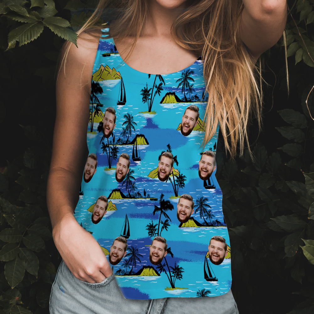Custom Face Hawaiian Tank Top Flamingo Flowers And Leaves - yourphotoblanketuk